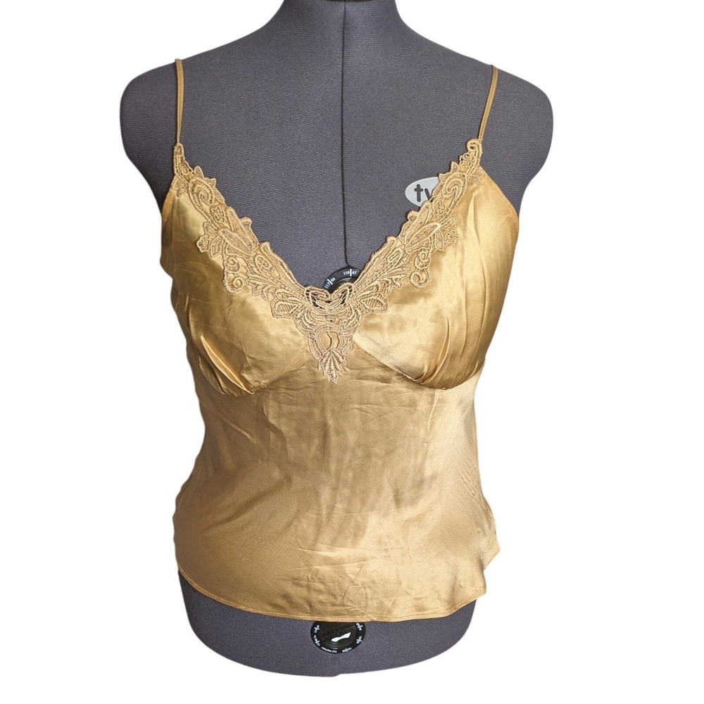 Y2K Gold 100% Silk Babydoll Cami XL Beaded Lace Trim Fairy Grunge Romantic